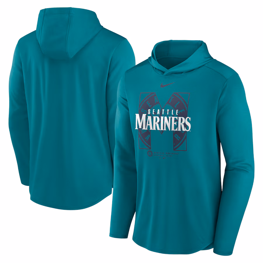 Men's Seattle Mariners Nike Aqua Team Letterman Performance Hooded Long Sleeve T-Shirt - Jersey