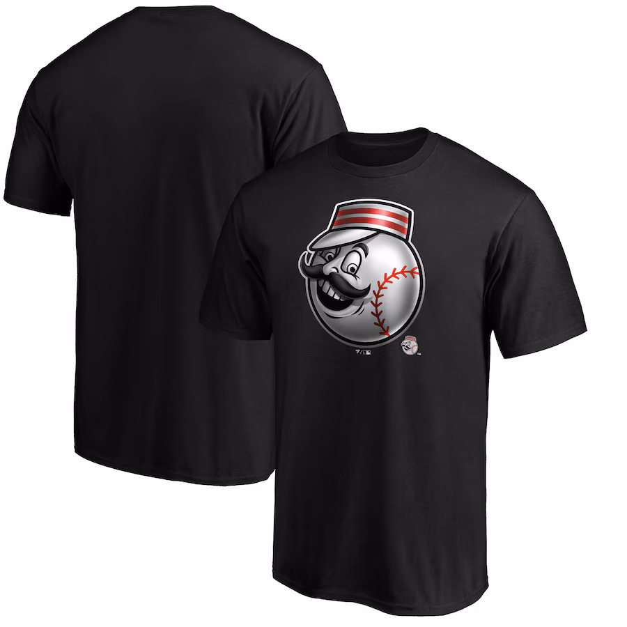 Men's Cincinnati Reds Black Midnight Mascot Logo T-Shirt - Jersey