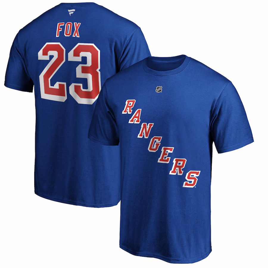 Men's New York Rangers Adam Fox Fanatics Blue Authentic Stack Name & Number T-Shirt - Jersey