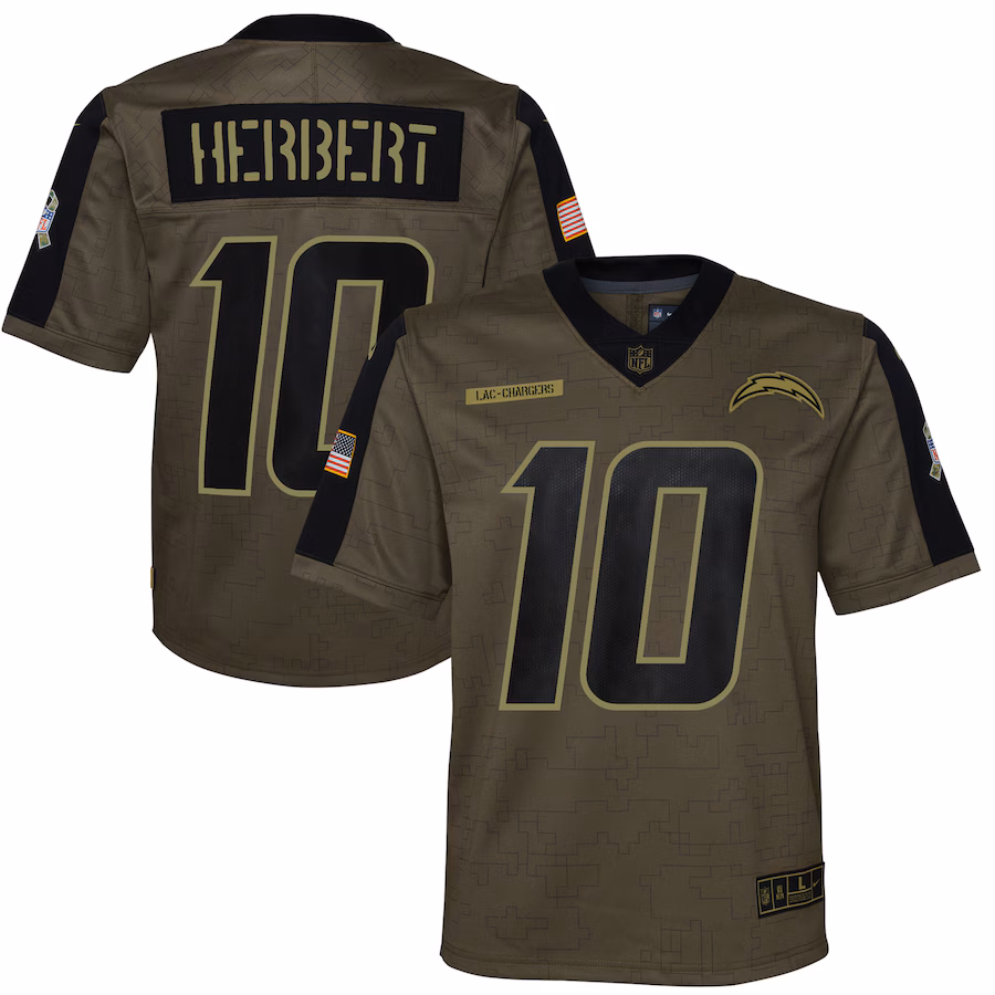 Youth Los Angeles Chargers Justin Herbert Nike Olive 2021 Salute To Service Game Jersey - Jersey