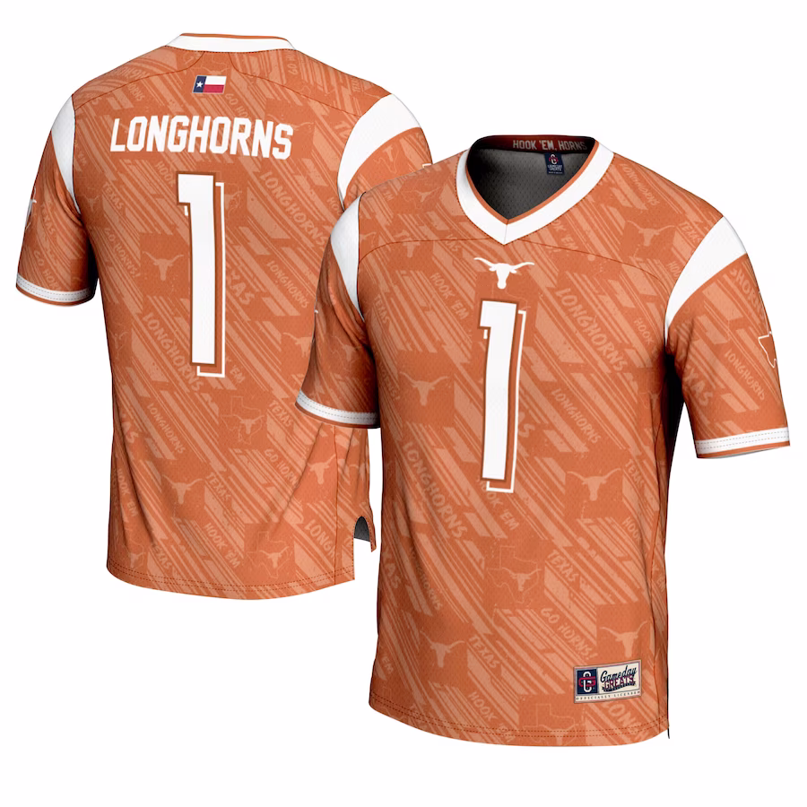 #1 Texas Longhorns GameDay Greats Youth Highlight Print Football Fashion Jersey - Texas Orange - Jersey