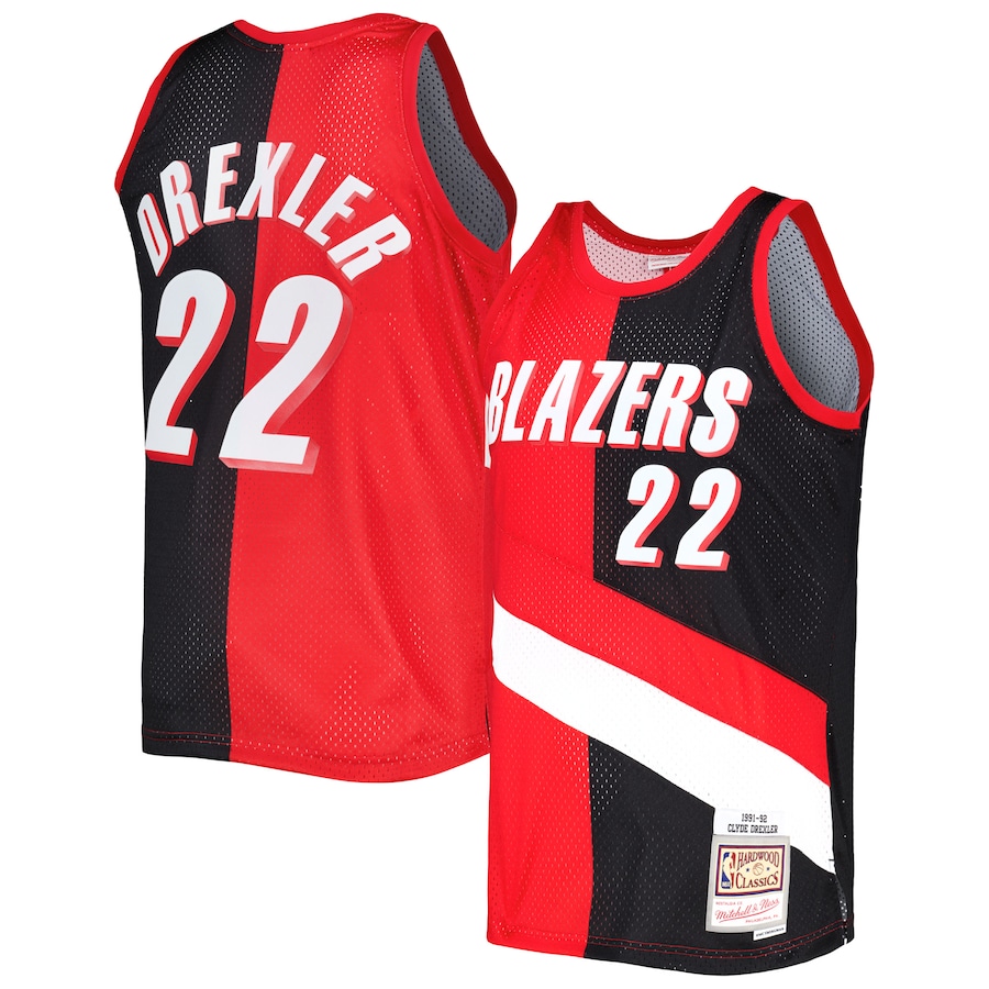 Men's Portland Trail Blazers Clyde Drexler Mitchell & Ness Red/Black Hardwood Classics 1991/92 Split Swingman Jersey - Jersey