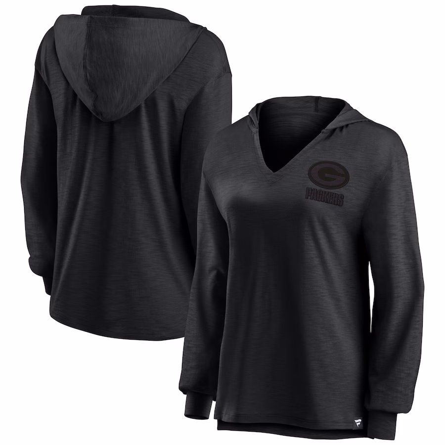 Women's Green Bay Packers  Fanatics  Blackout Slub Hoodie V-Neck Long Sleeve T-Shirt - Jersey