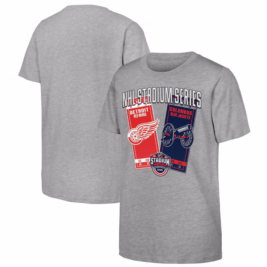 Youth Heather Gray 2025 NHL Stadium Series Columbus Blue Jackets vs. Detroit Red Wings Matchup T-Shirt - Jersey