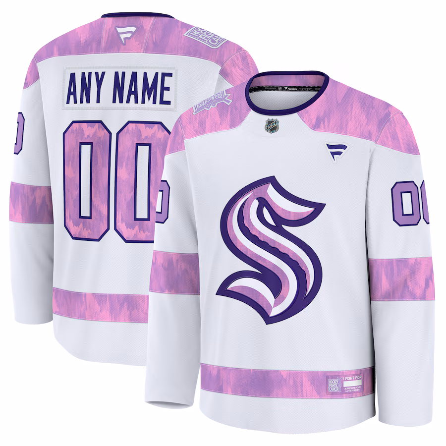 Men's Seattle Kraken Fanatics White 2024 Hockey Fights Cancer Custom Practice Jersey - Jersey