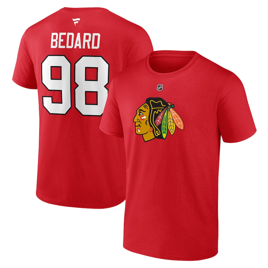 Men's Chicago Blackhawks Connor Bedard Fanatics Red 2023 NHL Draft Authentic Stack Player Name & Number T-Shirt - Jersey