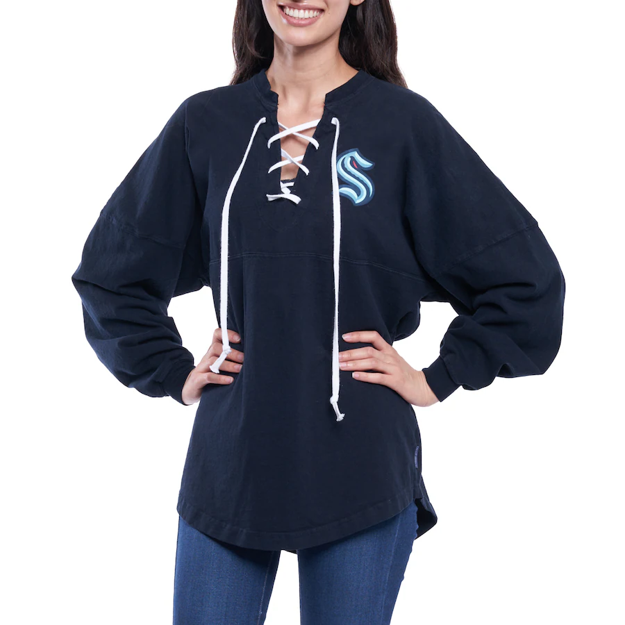 Women's Seattle Kraken Fanatics Navy Lace Up Long Sleeve Spirit Top - Jersey