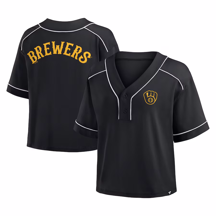 Women's Milwaukee Brewers Fanatics Black Oversized Champ Game Cropped V-Neck T-Shirt - Jersey