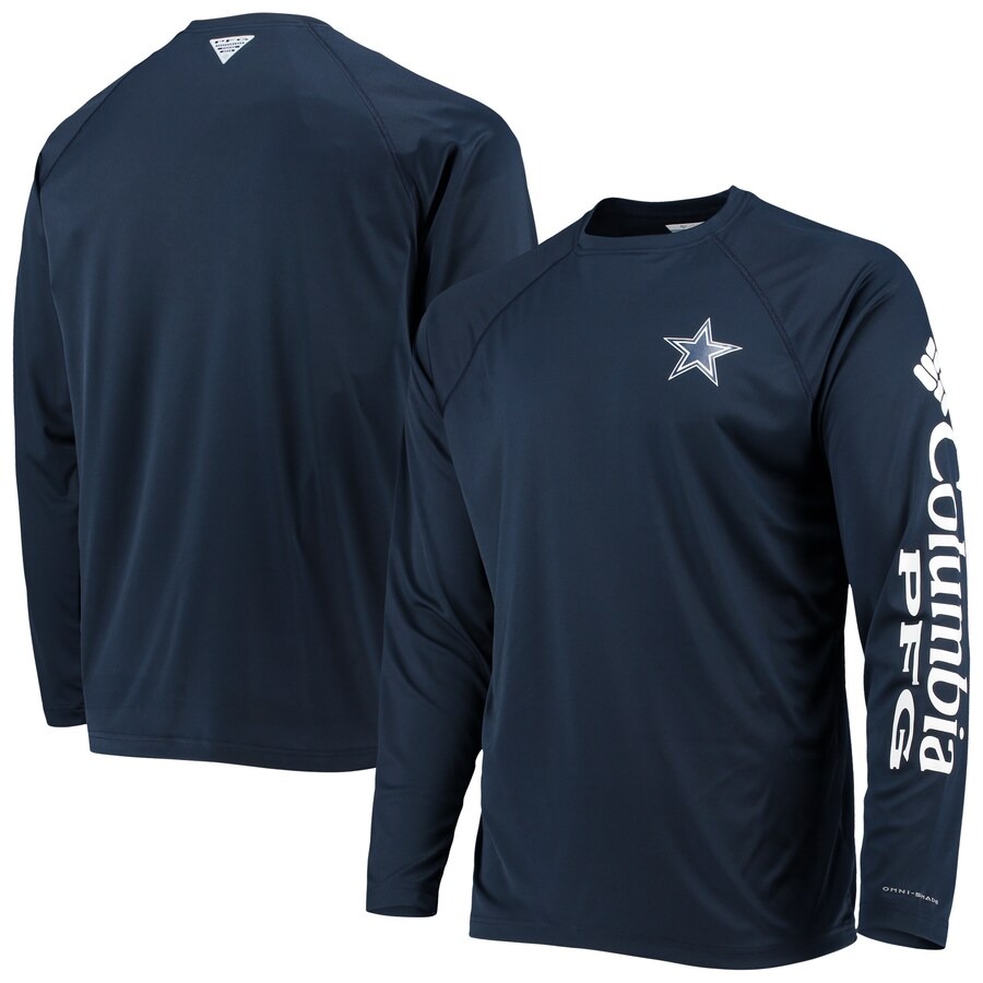Men's Dallas Cowboys Columbia Navy Terminal Tackle Omni-Shade Raglan Long Sleeve T-Shirt - Jersey