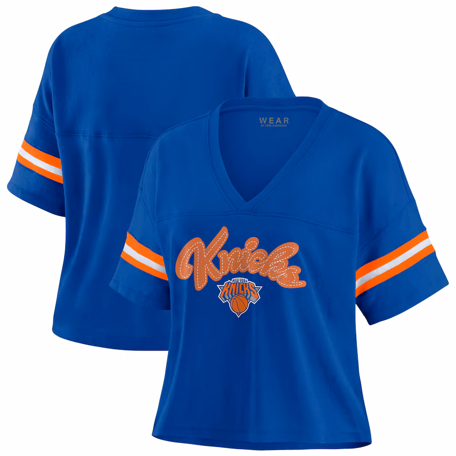 Women's New York Knicks WEAR by Erin Andrews Blue Color Block Boxy V-Neck T-Shirt - Jersey