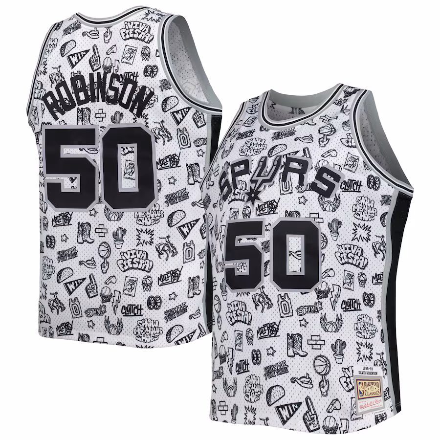 Men's San Antonio Spurs David Robinson Mitchell & Ness White 1998/99 Hardwood Classics Doodle Swingman Player Jersey - Jersey