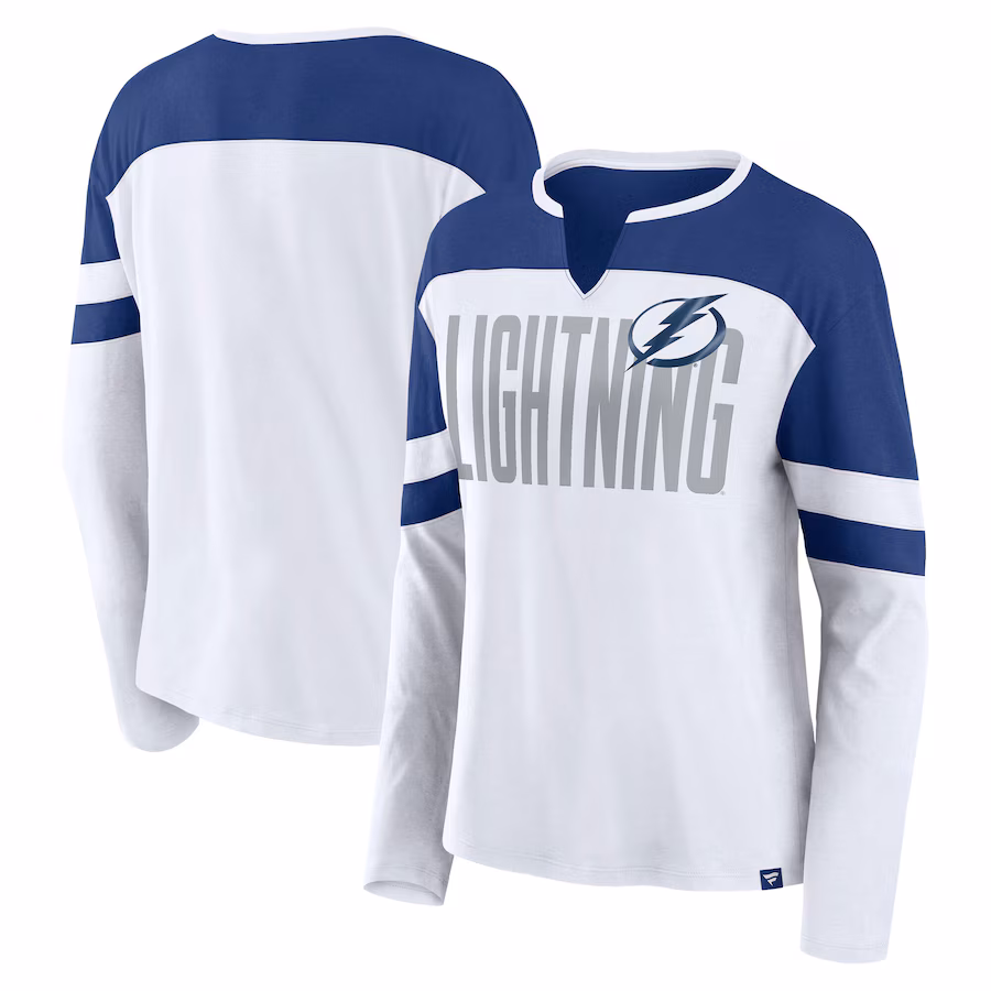 Women's Tampa Bay Lightning Fanatics White/Blue Frozen Long Sleeve Notch Neck T-Shirt - Jersey