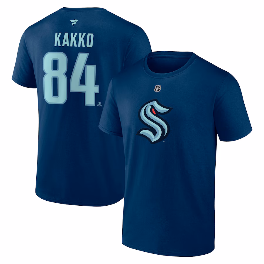 Men's Seattle Kraken Kaapo Kakko Fanatics Deep Sea Blue Authentic Stack Name & Number T-Shirt - Jersey
