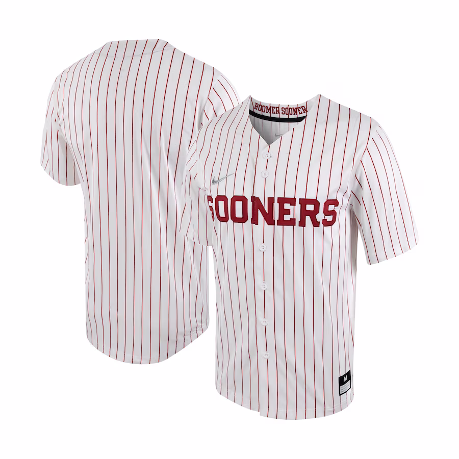 Oklahoma Sooners Nike Pinstripe Replica Full-Button Baseball Jersey - White/Crimson - Jersey
