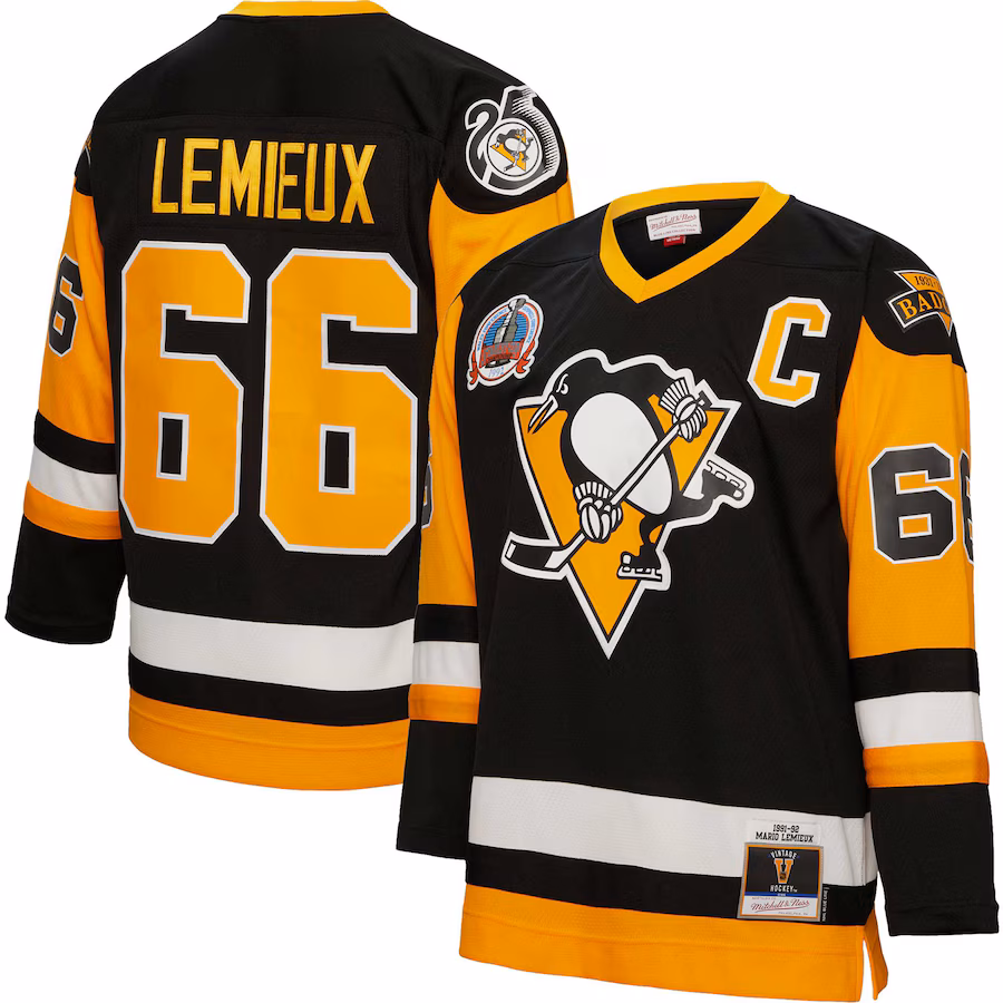 Men's Pittsburgh Penguins Mario Lemieux Mitchell & Ness Black Captain Patch 1991/92 Blue Line Player Jersey - Jersey