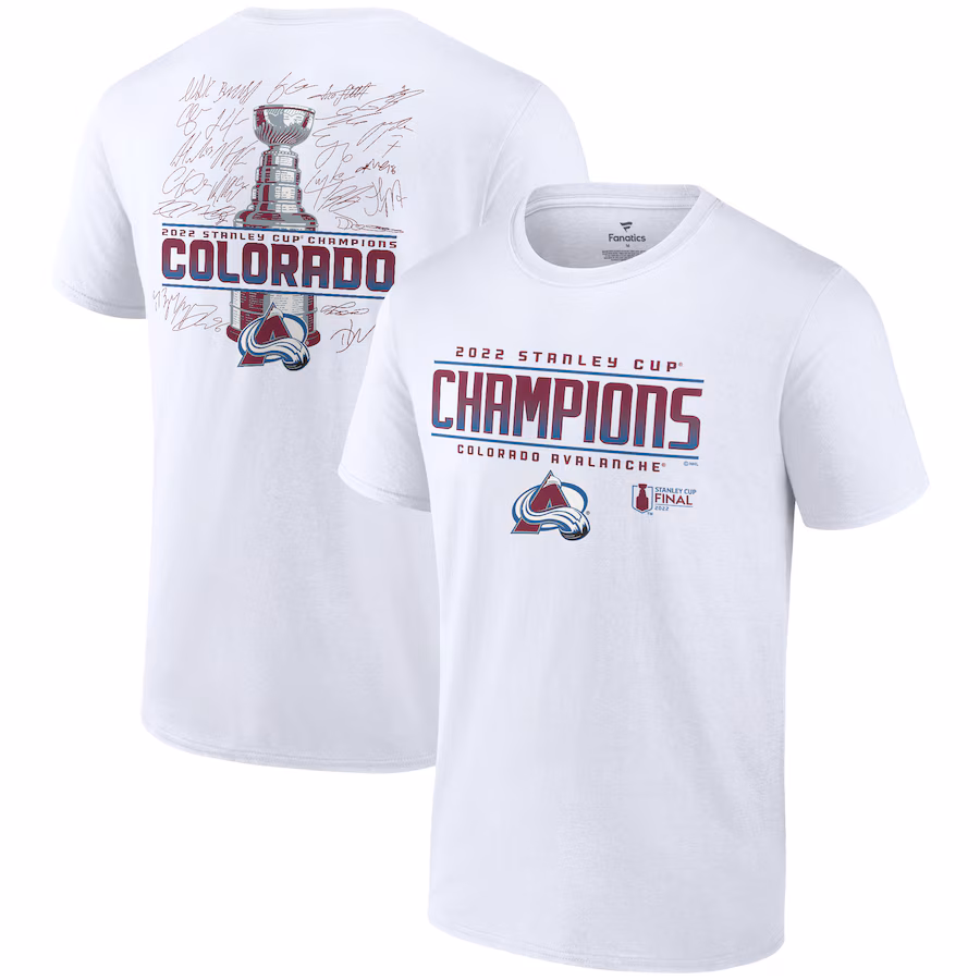 Men's Colorado Avalanche Fanatics White 2022 Stanley Cup Champions Signature Roster T-Shirt - Jersey