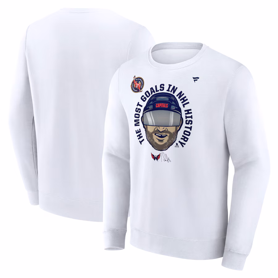 Men's Washington Capitals Alexander Ovechkin Fanatics White NHL All-Time Leading Goal Scorer GR8 Caricature Fleece Pullover Sweatshirt - Jersey