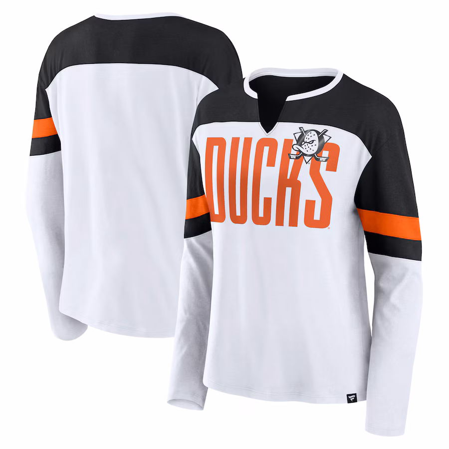 Women's Anaheim Ducks Fanatics White/Black Frozen Long Sleeve Notch Neck T-Shirt - Jersey