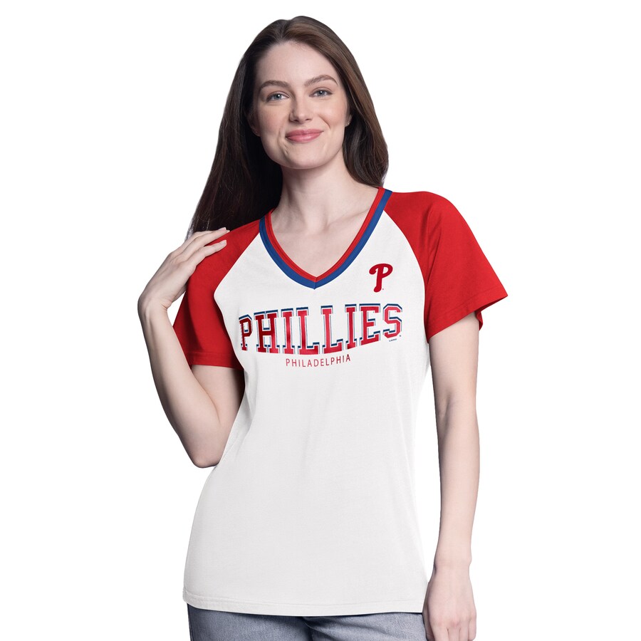 Women's Philadelphia Phillies G-III 4Her by Carl Banks White/Red Ball Park Raglan V-Neck T-Shirt - Jersey