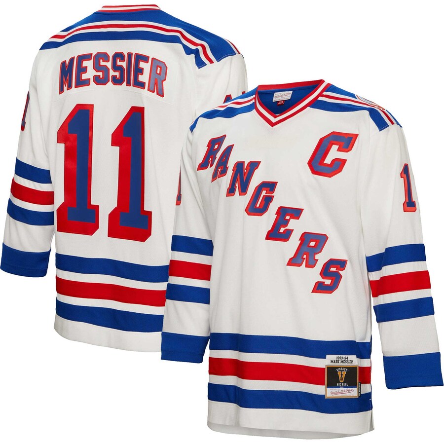 Men's New York Rangers Mark Messier Mitchell & Ness White 1993/94 Captain Patch Blue Line Player Jersey - Jersey