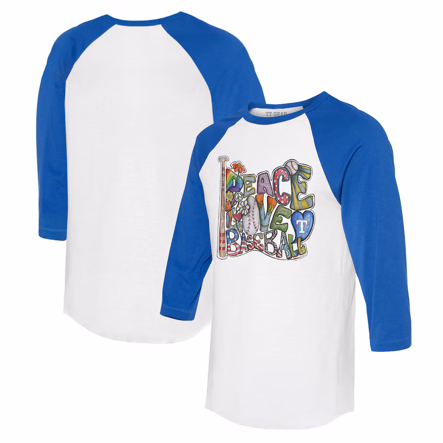 Women's Texas Rangers Tiny Turnip White/Royal Peace Love Baseball 3/4-Sleeve Raglan T-Shirt - Jersey