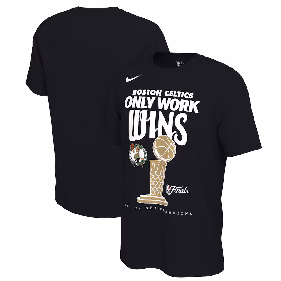 Men's Boston Celtics Nike Black 2024 NBA Finals Champions Celebration Trophy T-Shirt - Jersey