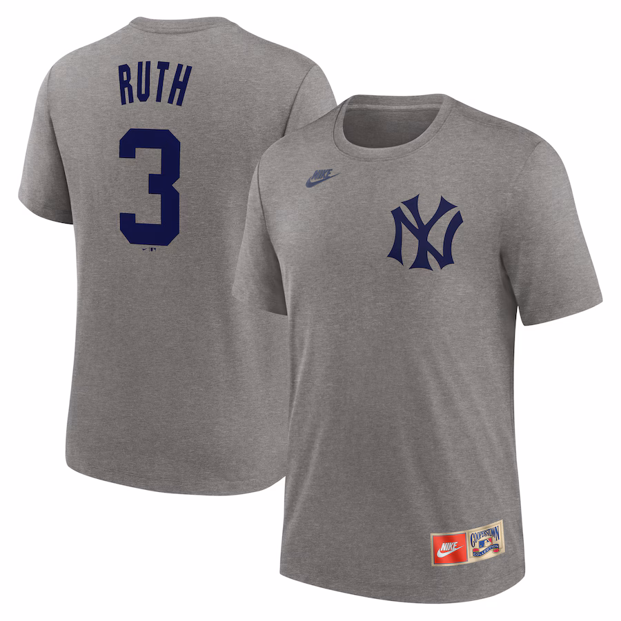 Men's New York Yankees Babe Ruth Nike Heather Gray Cooperstown Collection Tri-Blend Name & Number T-Shirt - Jersey