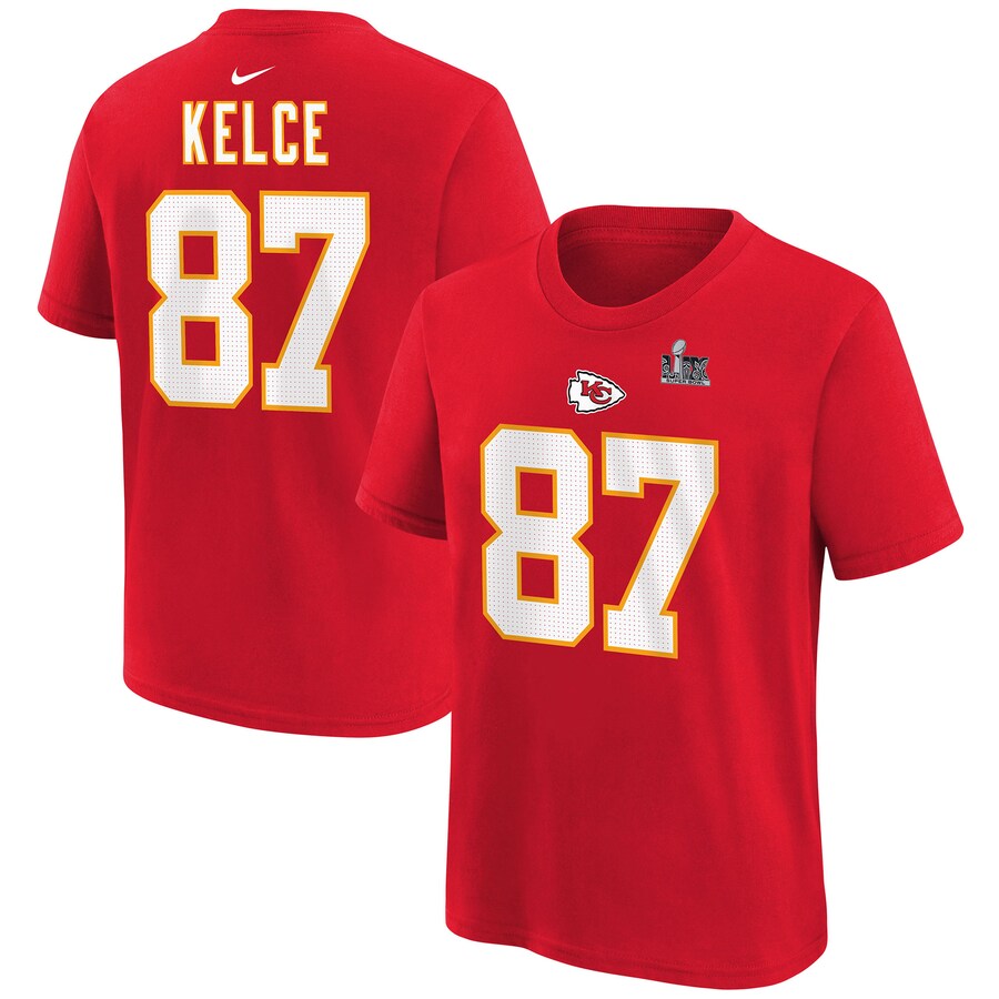 Youth Kansas City Chiefs Travis Kelce Nike Red Super Bowl LIX Player Name & Number T-Shirt - Jersey