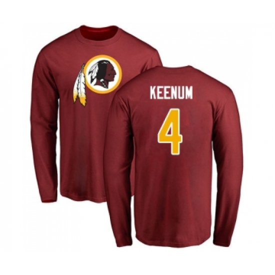 Football Washington Redskins #4 Case Keenum Maroon Name & Number Logo Long Sleeve T-Shirt - Jersey
