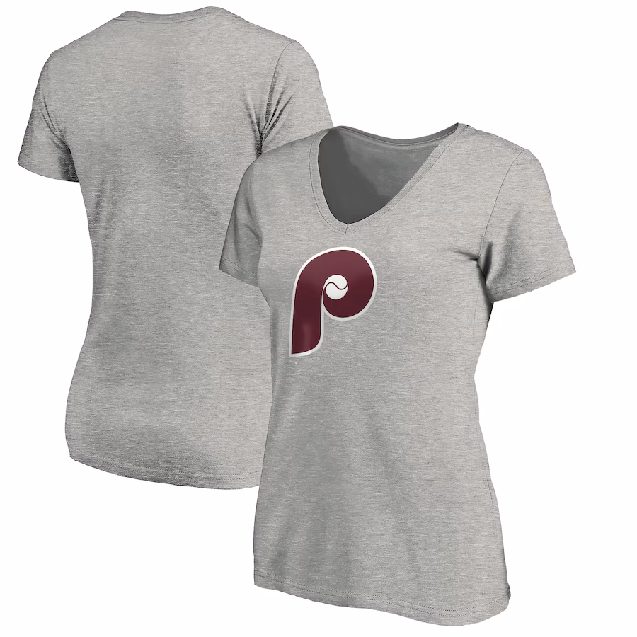 Women's Philadelphia Phillies Heathered Gray Cooperstown Collection Huntington Logo V-Neck T-Shirt - Jersey