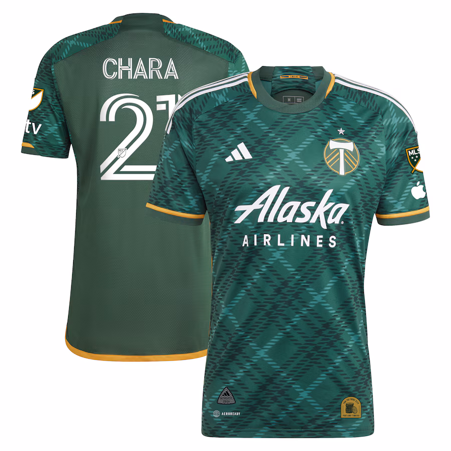 Men's Portland Timbers Diego Chara adidas Green 2023 Portland Plaid Kit Authentic Jersey - Jersey