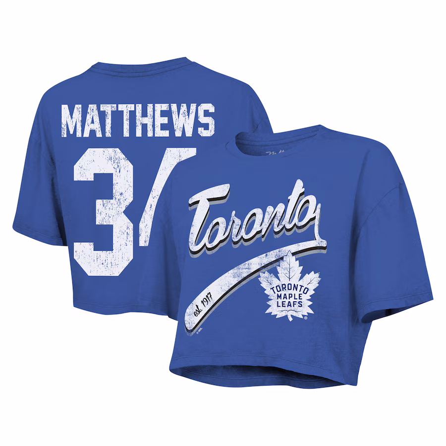 Women's Toronto Maple Leafs Auston Matthews Majestic Threads Royal Behind The Net Boxy Name & Number Cropped T-Shirt - Jersey