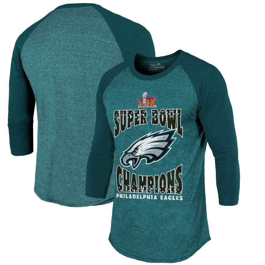 Men's Philadelphia Eagles Majestic Threads Midnight Green Super Bowl LIX Champions Choke Up 3/4-Sleeve Raglan Tri-Blend T-Shirt - Jersey