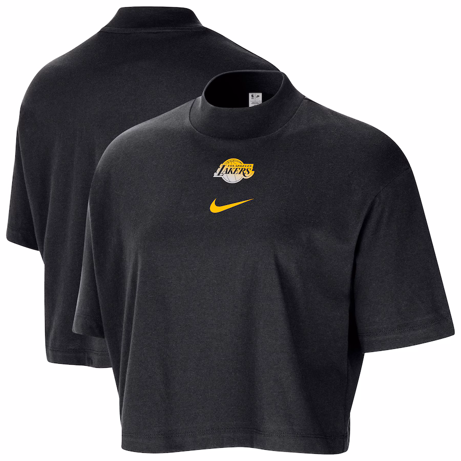 Women's Los Angeles Lakers Nike Black Courtside Mock Neck Loose Fit Cropped T-Shirt - Jersey