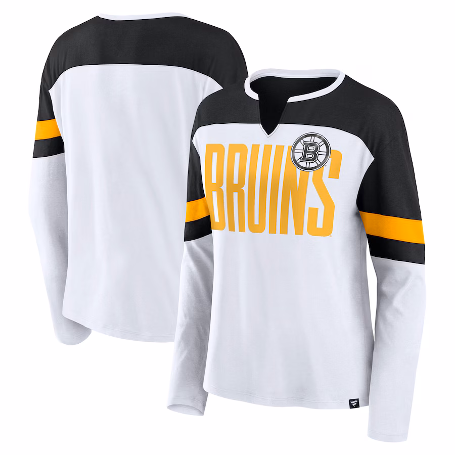 Women's Boston Bruins Fanatics White/Black Frozen Long Sleeve Notch Neck T-Shirt - Jersey