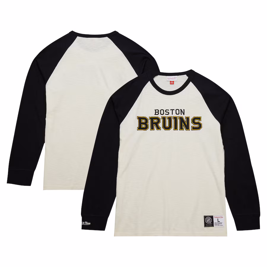 Men's Boston Bruins Mitchell & Ness Cream Legendary Slub Vintage Raglan Long Sleeve T-Shirt - Jersey