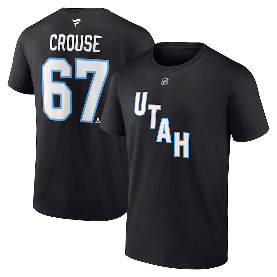 Men's Utah Hockey Club Lawson Crouse Fanatics Black Authentic Stack Name & Number T-Shirt - Jersey
