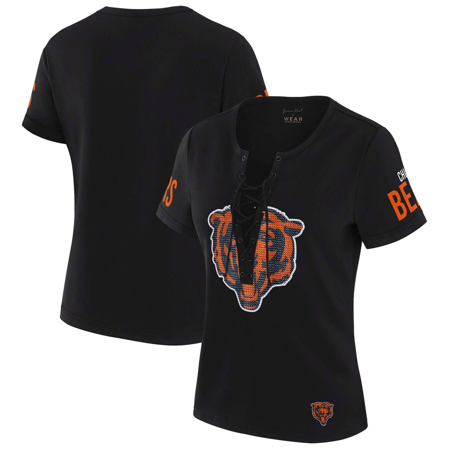 Women's Chicago Bears WEAR by Erin Andrews x Gracie Hunt Black Draft Me Lace-Up T-Shirt - Jersey