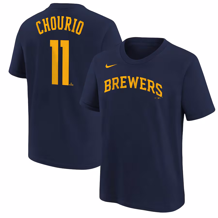 Youth Milwaukee Brewers Jackson Chourio Nike Navy Name & Number T-Shirt - Jersey