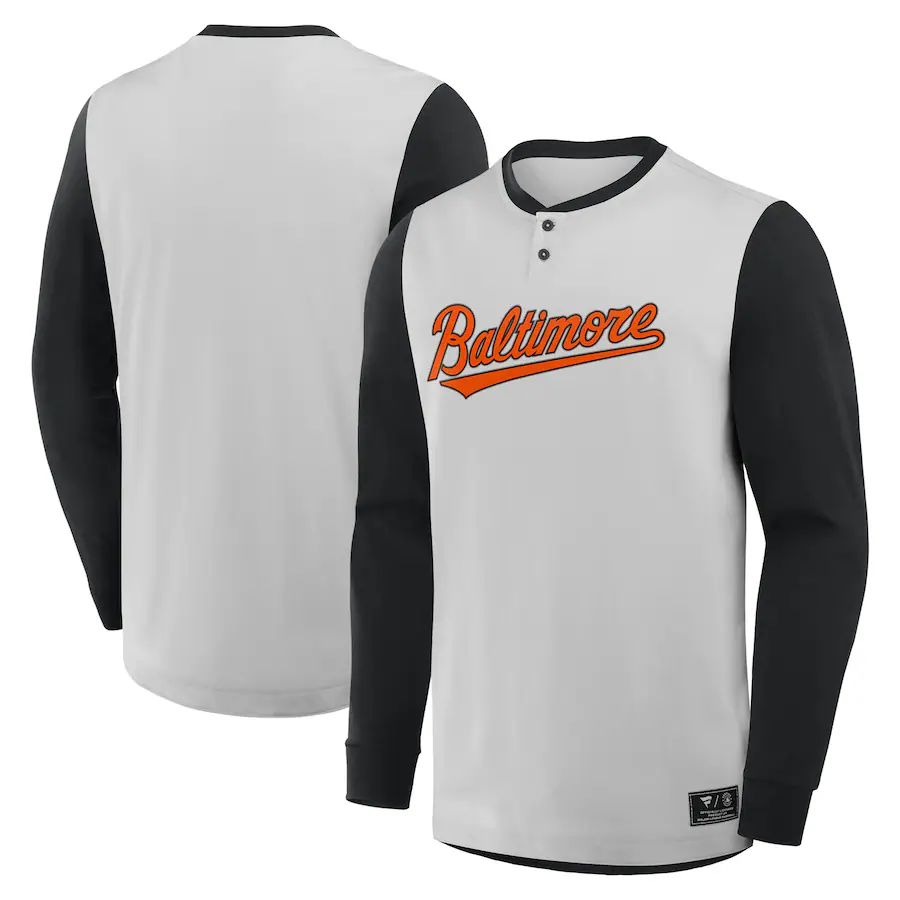 Men's Baltimore Orioles Fanatics Gray/Black Clubhouse Long Sleeve Henley Shirt - Jersey
