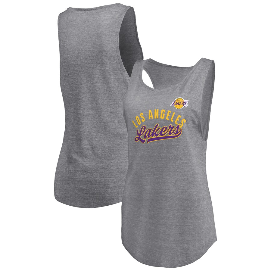Women's Los Angeles Lakers Fanatics Heathered Gray Quality Time Open Scoop Neck Tri-Blend Tank Top - Jersey