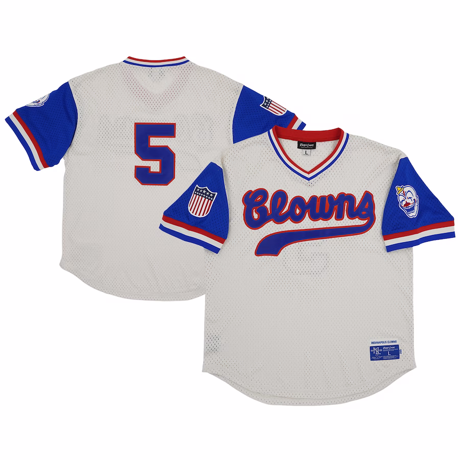Men's Indianapolis Clowns #5 Rings & Crwns Cream Mesh Replica V-Neck Jersey - Jersey