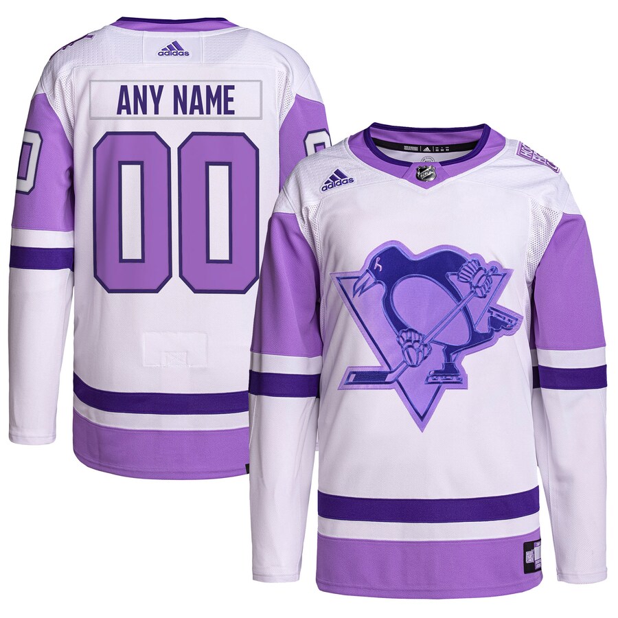 Men's Pittsburgh Penguins adidas White/Purple Hockey Fights Cancer Primegreen Authentic Custom Jersey - Jersey