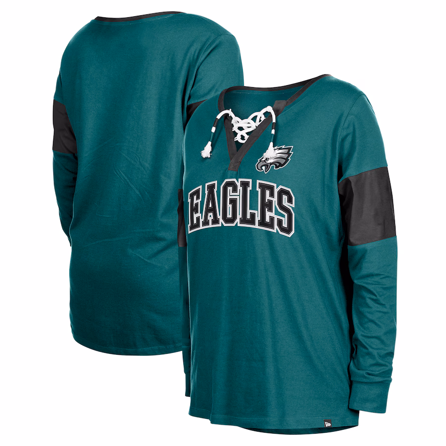 Women's Philadelphia Eagles  New Era Midnight Green Lace-Up Notch-Neck Long Sleeve T-Shirt - Jersey