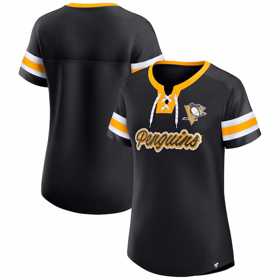 Women's Pittsburgh Penguins Fanatics Black Iconic Athena Lace-Up T-Shirt - Jersey