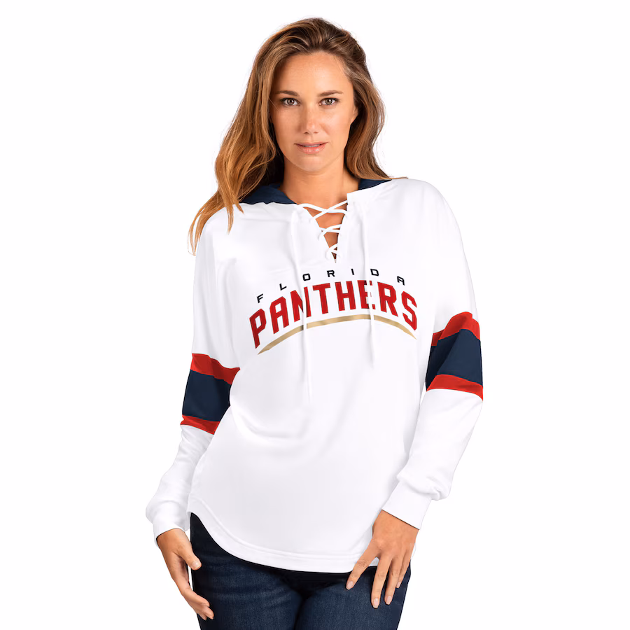 Women's Florida Panthers G-III 4Her by Carl Banks White Goal Zone Long Sleeve Lace-Up Hoodie T-Shirt - Jersey