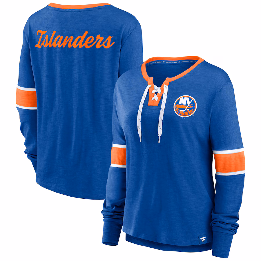 Women's New York Islanders Fanatics Royal Effervescent Exclusive Lace-Up Long Sleeve T-Shirt - Jersey