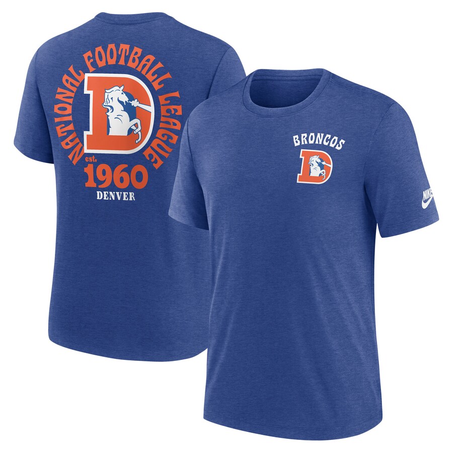 Men's Denver Broncos Nike Heather Blue Rewind Team Excite 2-Hit Tri-Blend T-Shirt - Jersey