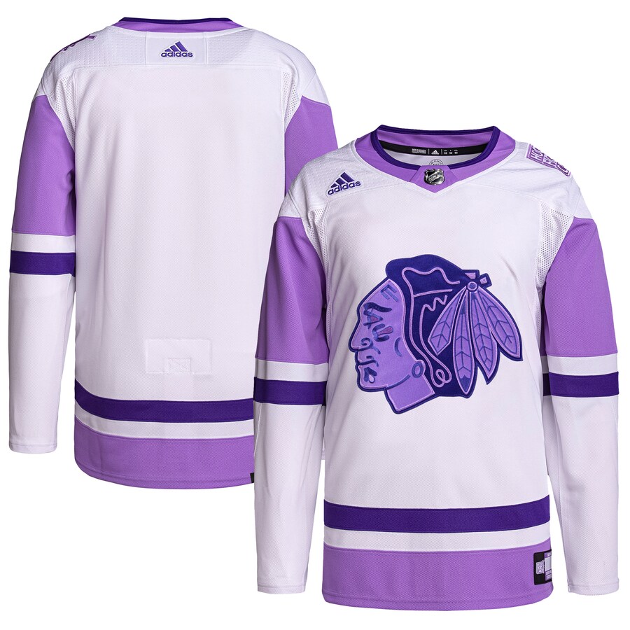 Men's Chicago Blackhawks adidas White/Purple Hockey Fights Cancer Primegreen Authentic Blank Practice Jersey - Jersey