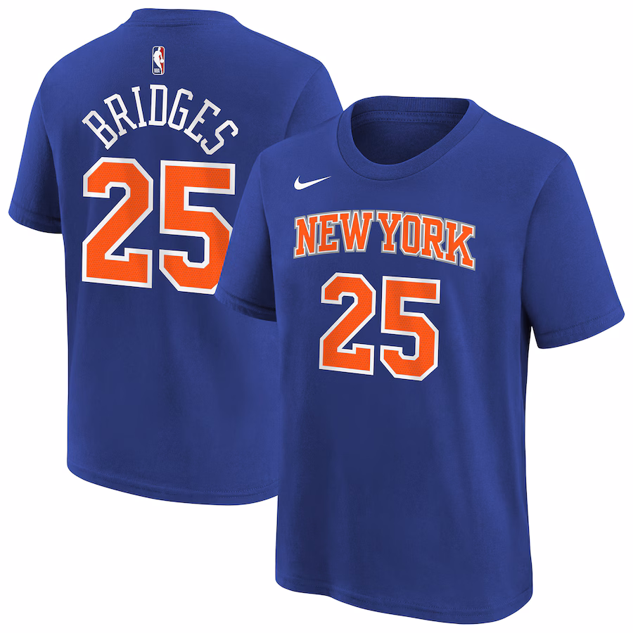 Youth New York Knicks Mikal Bridges Nike Blue Icon Name & Number T-Shirt - Jersey